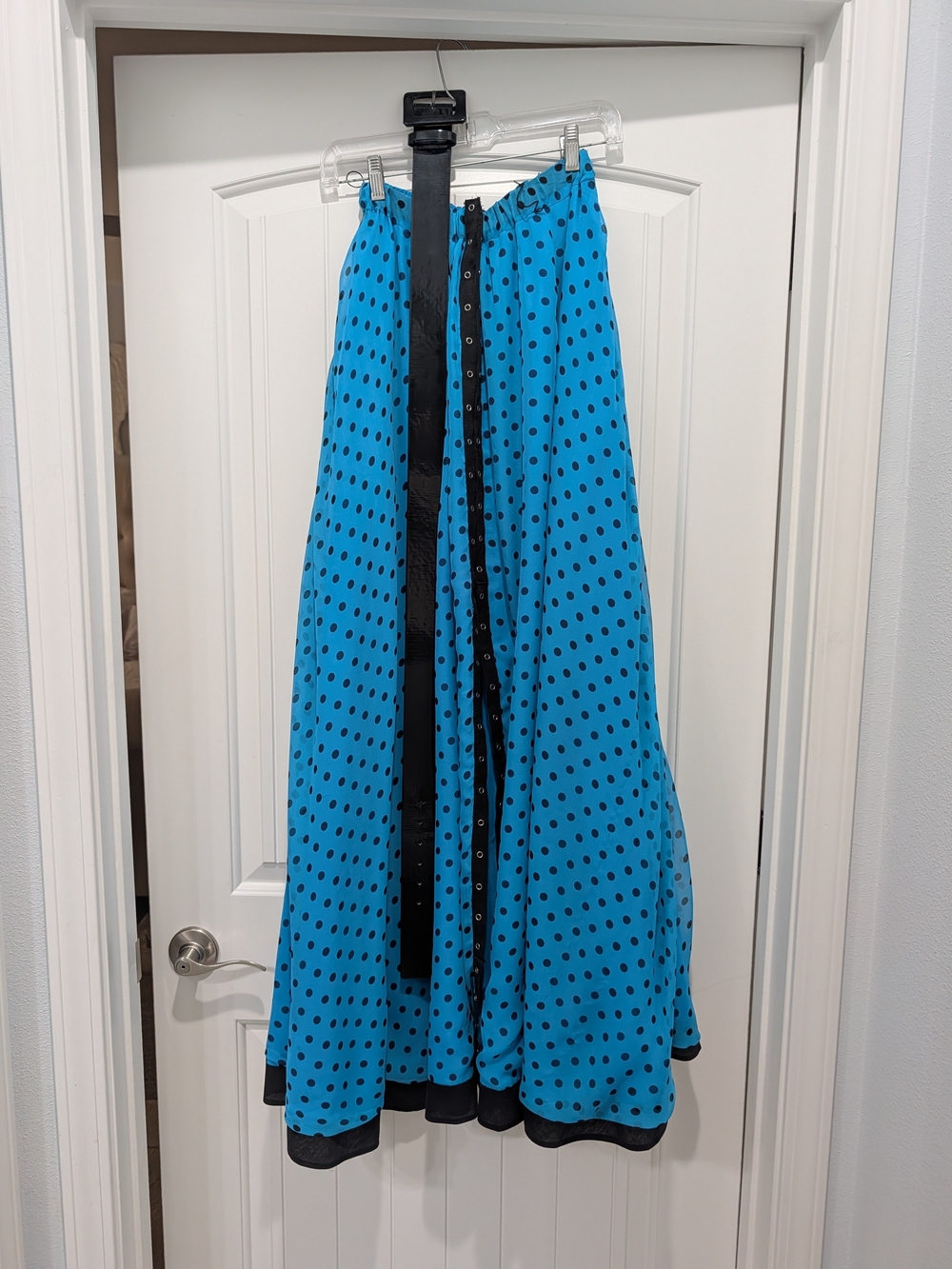 Blue Polka Dot Maxi Skirt with Black Trim